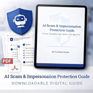 May include: A digital guide titled "AI Scam & Impersonation Protection Guide" displayed on a tablet and printed pages. The guide includes a shield graphic with a robot icon and the text "Protect Yourself & Your Family in the Age of AI."