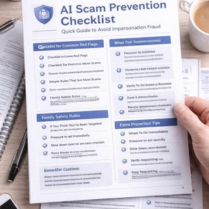 May include: A printed checklist titled "AI Scam Prevention Checklist" with a blue and white design. The checklist provides a quick guide to avoid impersonation fraud, with sections on common red flags, family safety rules, and extra protection tips.