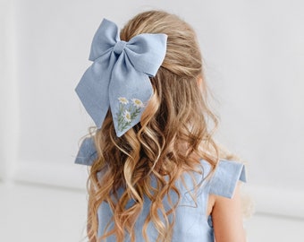 Hand bestickte Leinen Haarschleife - Mädchen Haarspange, Waldblumen