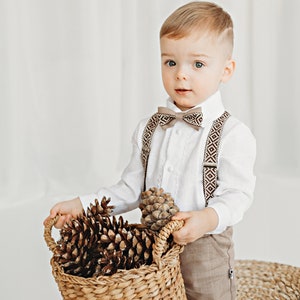 Boys Linen Suspernder Suit Wedding Baptism Christening Suspender Outfit Baby Boy Page Boy Clothes First Birthday Cake Smash Ring Bearer