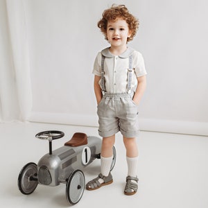 Boys Linen Suit Page boy suit set Toddler boy wedding suit Baptism suspender formal outfit Gift for boy Birthday clothes Ring bearer