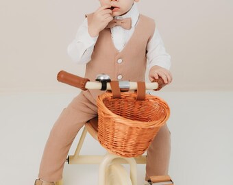Completo da uomo in lino da 5 pezzi, pantaloni con bretelle marroni, abito da sposa per bambini, completo da paggetto