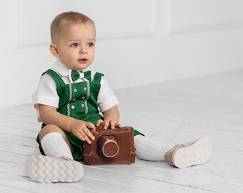 Babypojke Linne 3-delars Romper – Klänning för speciella tillfällen med fluga
