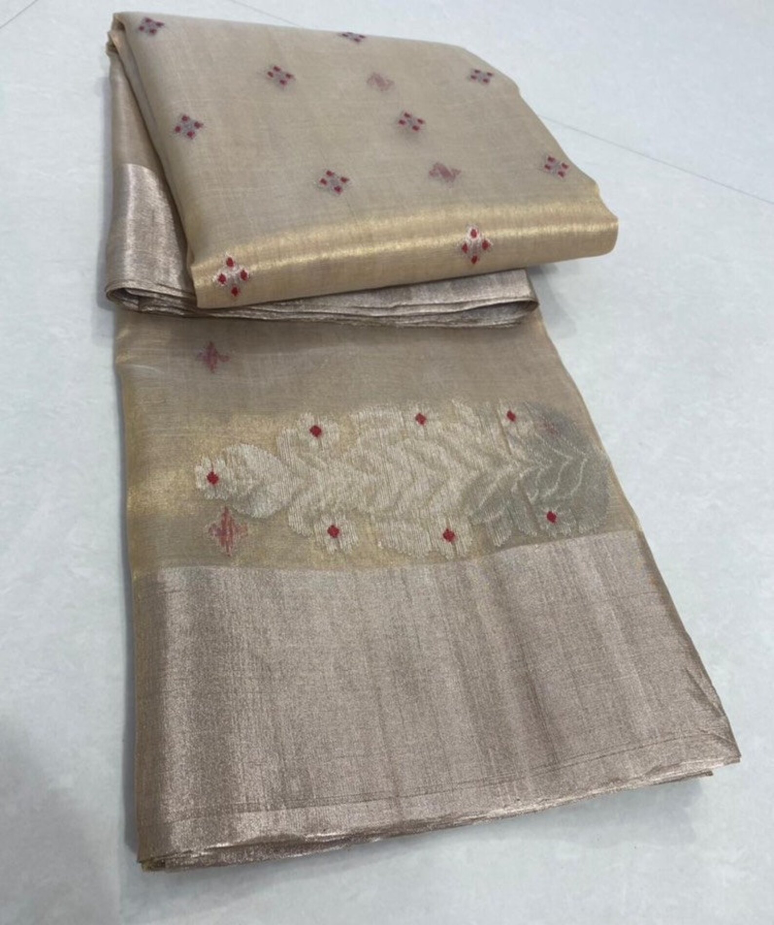 Gold Tissue Shimmer Saree with Zari Weaving & Sequins Lace Border main image 1