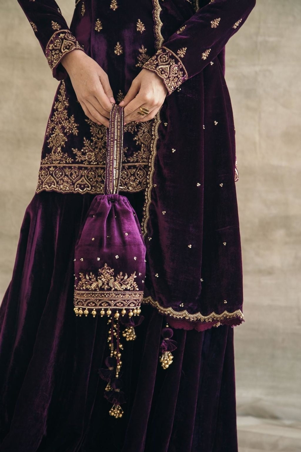 Beautiful Party Wear Suit in Plum Silk Velvet Sharara Set Hand - Etsy