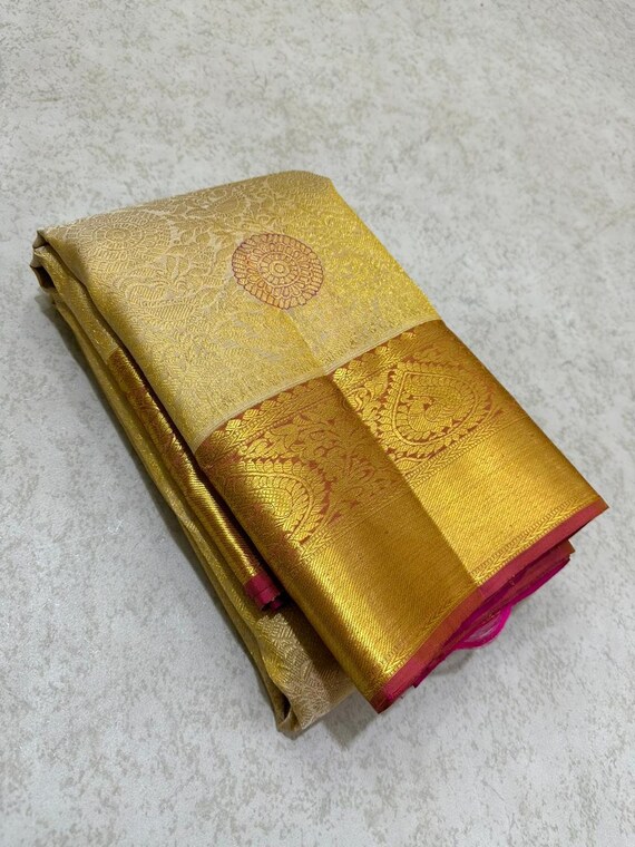 Wedding Saree in Cream With Rani Colour. Pure Kanchipuram Handloom