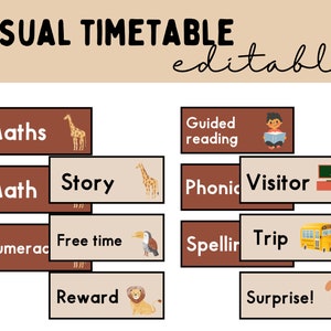 May include: A visual timetable with brown and beige rectangular cards featuring various activities and illustrations. The cards include activities like "Maths", "Story", "Guided reading", "Phonic", "Visitor", "Numeracy", "Free time", "Spelling", "Trip", "Reward", and "Surprise!" Each card has a corresponding illustration, such as a giraffe, a toucan, a lion, and a school bus.