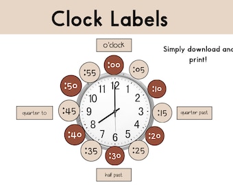 Clock Labels Neutral | Neutral Classroom Decor | Clock Numbers Bundle | Elementary School Clock Posters | Learning To Tell The Time