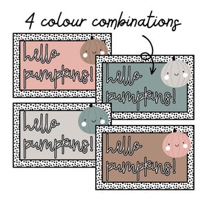 May include: Four printable cards with different color backgrounds and a pumpkin illustration. Each card says "hello pumpkins!" in black text.