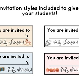 May include: Four printable baby shower invitation templates. Each template features a different design with a blank space to fill in the name of the person being celebrated. The designs include a rocking horse, a baby bottle, building blocks that spell "BOY", and building blocks that spell "GIRL".