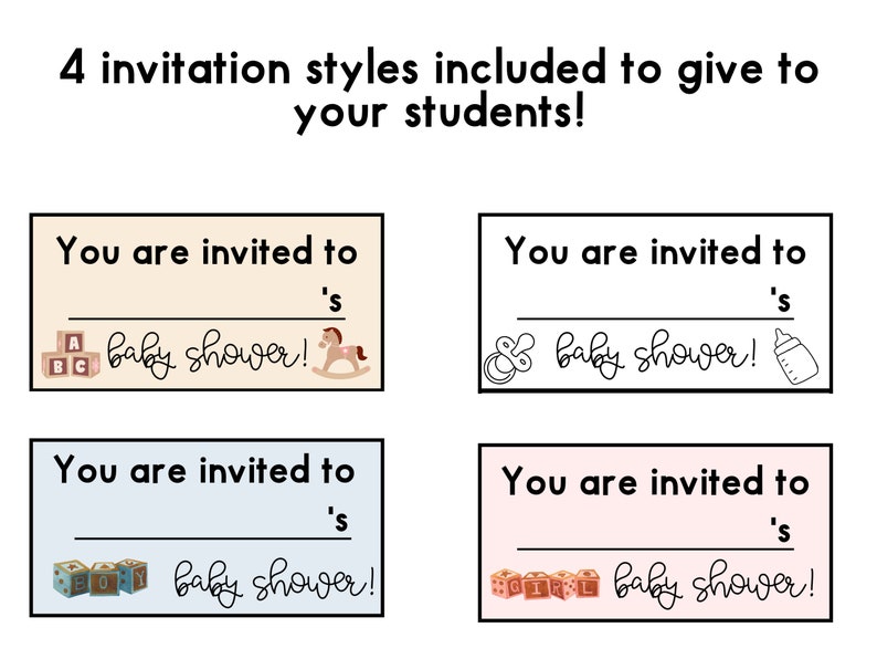 May include: Four printable baby shower invitation templates. Each template features a different design with a blank space to fill in the name of the person being celebrated. The designs include a rocking horse, a baby bottle, building blocks that spell "BOY", and building blocks that spell "GIRL".