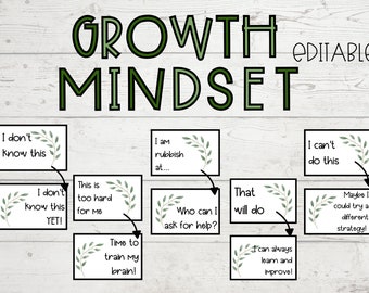 May include: A set of printable cards with green leaves and white text promoting a growth mindset. The cards feature phrases like "I don't know this yet!" and "Time to train my brain!"