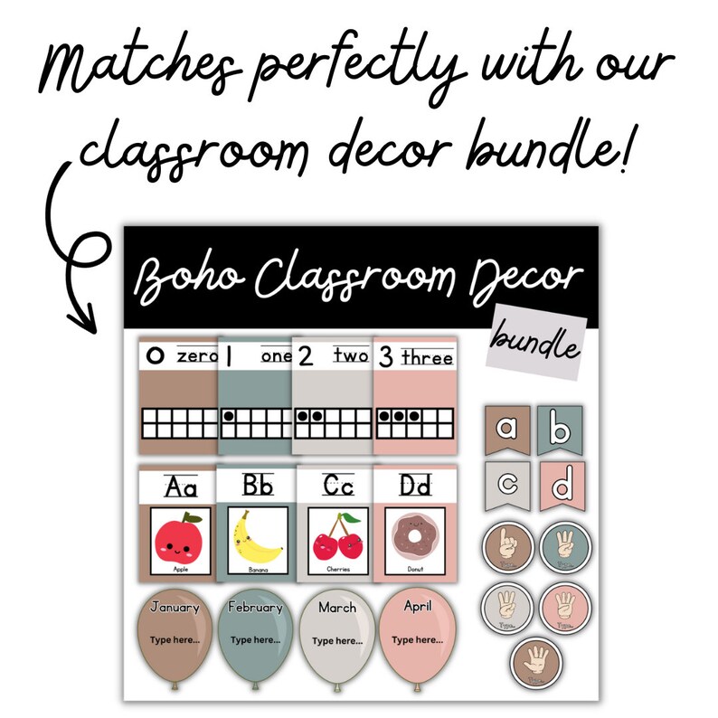 May include: Boho Classroom Decor Bundle with alphabet, number, and month cards. The cards feature a variety of colors and illustrations, including apples, bananas, cherries, and donuts.