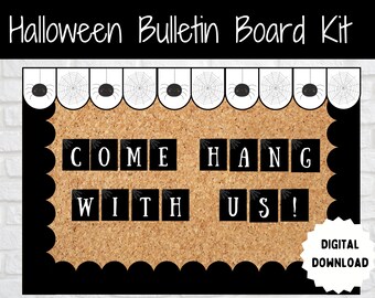 May include: A black and white bulletin board kit with a spider web border and the words "Come Hang With Us!" in black letters on a cork background. The kit is for a Halloween theme.