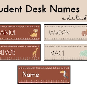 Student Desk Name Labels EDITABLE | Desk Number Line | Alphabet | Student Name Plate | Neutral Classroom | Jungle Animal Classroom Decor