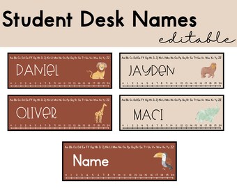 Student Desk Name Labels EDITABLE | Desk Number Line | Alphabet | Student Name Plate | Neutral Classroom | Jungle Animal Classroom Decor