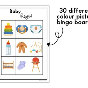May include: A baby bingo card with nine squares. Each square contains a different baby item, including a rattle, a pacifier, a diaper, a baby bottle, a onesie, a mobile, a crib, a sock, and a high chair.