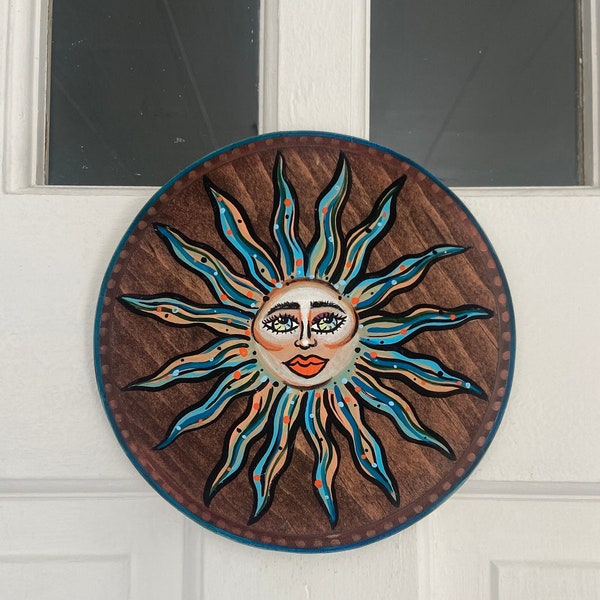 Colorful Sun Wall Art, Sun Face Wall Hanging, Boho Wood Wall Art, Eclectic Home Decor, Unique Handmade Gift, Hand Painted Sun Sign