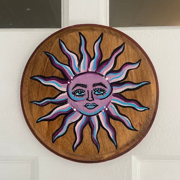Sun Face Sign, Hand Painted on Wood, Eclectic Home Decor, Colorful Boho Wall Art, Happy Artwork, Hippie Art, Original painting, Round Plaque