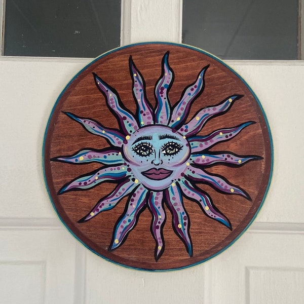 Colorful Sun Wall Art, Sun Face Wall Hanging, Boho Wood Wall Art, Eclectic Home Decor, Unique Handmade Gift, Hand Painted Sun Sign