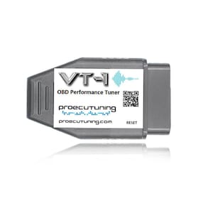 May include: A gray VT-1 OBD Performance Tuner with a white label featuring the text "VT-1", "OBD Performance Tuner", "proecutuning.com", and a QR code. The device has a rectangular shape with a connector on one end.
