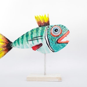 Handmade sculpture green fish, Beach house decor with wood carving, Ocean decor, Housewarming gift. Handmade. Colorful Art decor