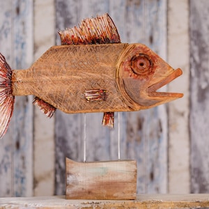 Hand-Carved Wooden Fish Sculpture | Colorful Coastal Table Decor | Ocean Theme Shelf Accent | Nautical Beach House Art | Nautical Ornament