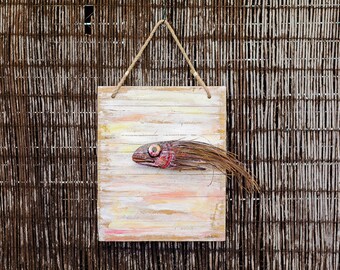 Hand painted fish Wall Art made of Nature Palm Leaf and reclaimed wood, art fish sculpture, coastal decor, fishing gift, Nautical Decor