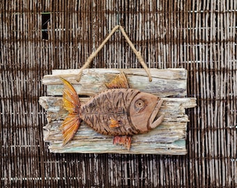 Handmade Fish Wall Art, Reclaimed Wood Fish Wall Art, Wood Carving and Hand Painted Fish, Coastal Decor, Nautical Decor, Gift for Fishermen