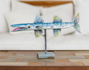Hand-Painted Reclaimed Wood Barracuda Sculpture – Ultra-Lightweight Nautical Decor- Free shipping customs included