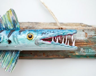 Barracuda Fish Reclaimed Wood Decor, Gift for Fishermen, Oceanic Decor, Nautical Decor, Wooden Fish Hanging Wall, Driftwood Art