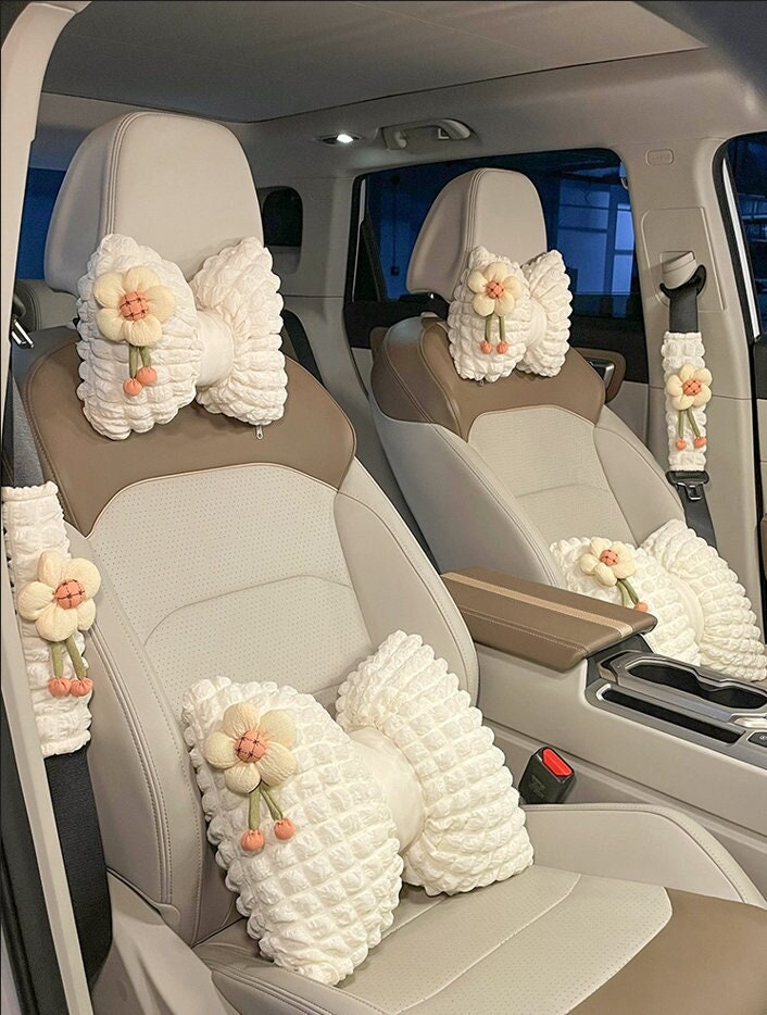 Fluffy White Car Seat Covers Set Cute Car Accessories for Women