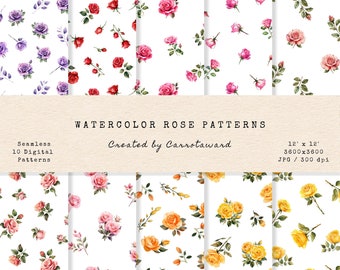 Watercolor Rose Patterns - Watercolor - Seamless Patterns - Scrapbook Papers - Digital Papers - Instant Download - Elegant - Vintage
