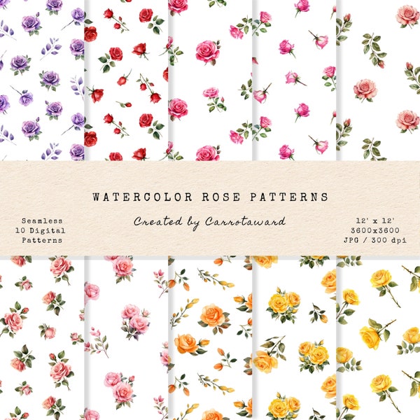 Watercolor Rose Patterns - Watercolor - Seamless Patterns - Scrapbook Papers - Digital Papers - Instant Download - Elegant - Vintage