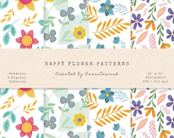 Happy Flower Digital Patterns - Seamless Patterns - Scrapbook Papers - Digital Papers - Instant Download