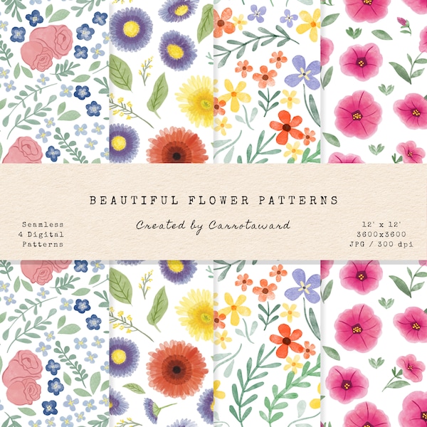 Beautiful Seamless Digital Flower Patterns - Watercolor - Seamless Patterns