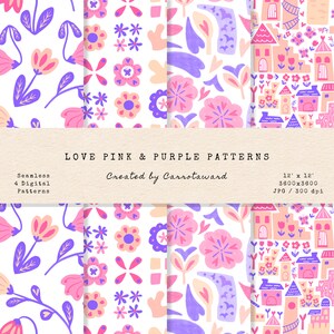 Love Pink & Purple Digital Patterns - Seamless Patterns - Scrapbook Papers - Printable Digital Papers - Instant Download - Floral Patterns