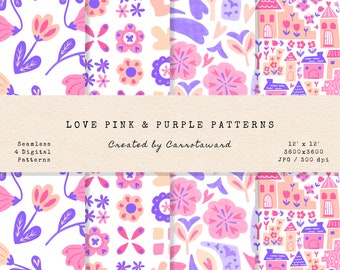 Love Pink & Purple Digital Patterns - Seamless Patterns - Scrapbook Papers - Printable Digital Papers - Instant Download - Floral Patterns