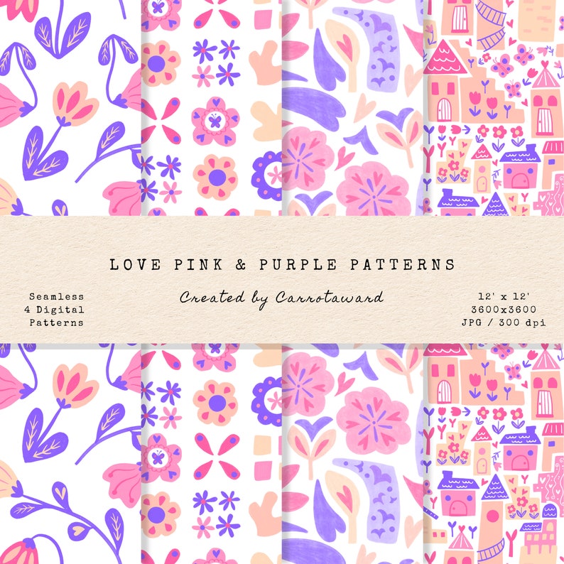 Love Pink & Purple Digital Patterns Seamless Patterns Scrapbook Papers Printable Digital Papers Instant Download Floral Patterns image 1