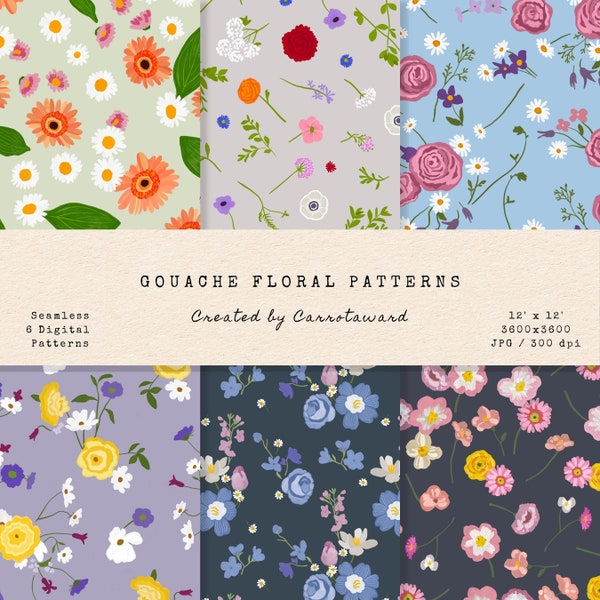 Gouache Floral Digital Patterns - Seamless Patterns - Printable Digital Papers - Scrapbook Papers - Gouache  Painting - Floral Patterns