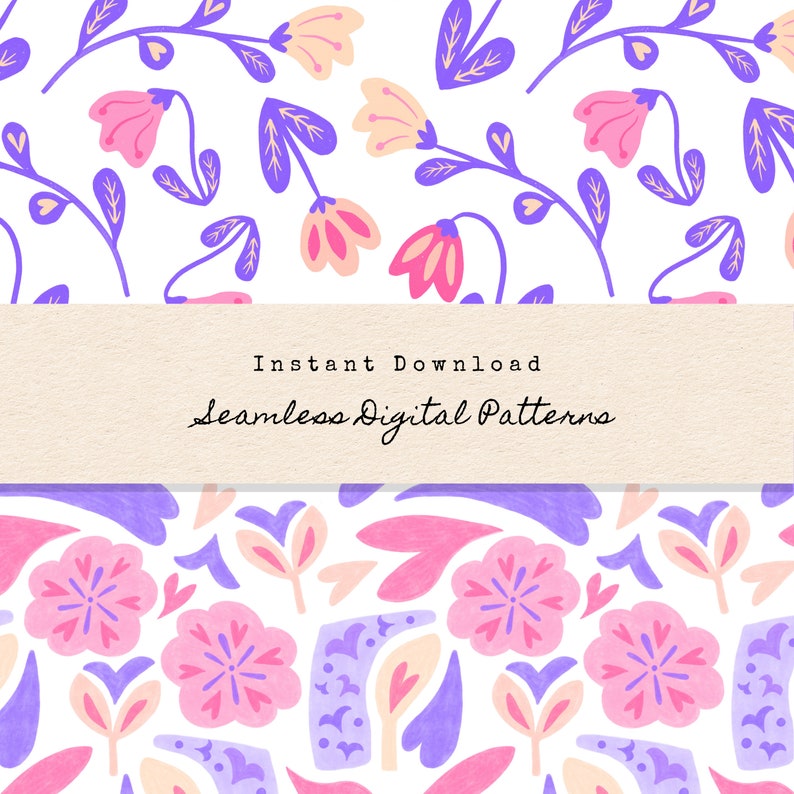 Love Pink & Purple Digital Patterns Seamless Patterns Scrapbook Papers Printable Digital Papers Instant Download Floral Patterns image 2