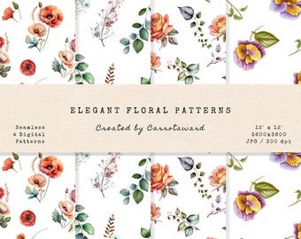 Elegant Floral Digital Patterns - Watercolor - Seamless Patterns - Scrapbook Papers - Digital Papers - Instant Download