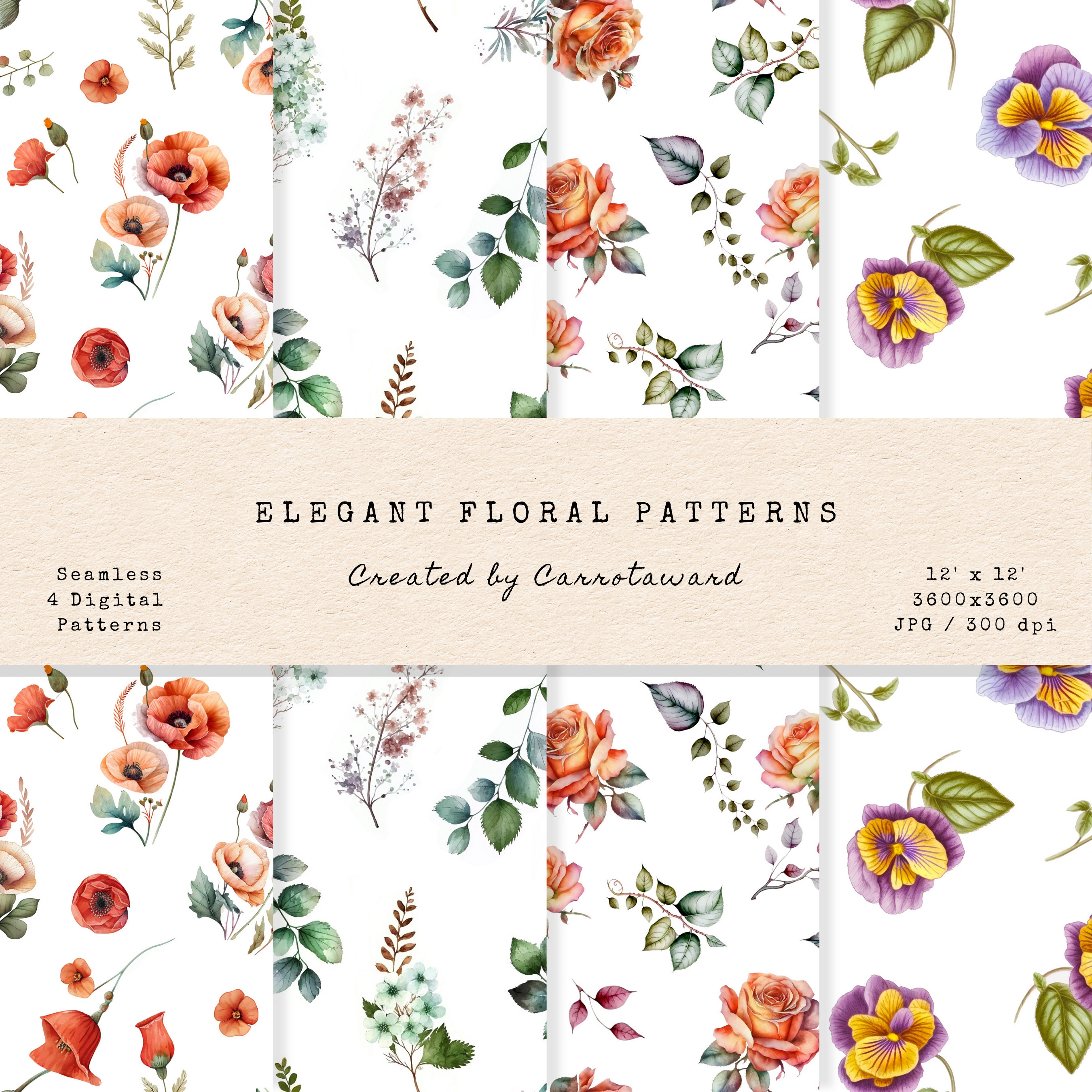 Elegant Floral Digital Patterns - Watercolor - Seamless Patterns ...