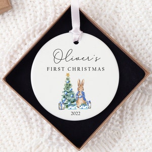 Personalised Baby's First Christmas Decoration | Keepsake Christmas Bauble Gift Ceramic Ornament | Baby's 1st Christmas Rabbit Decoration