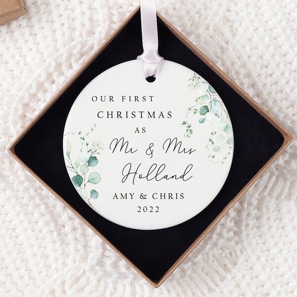 Personalised First Christmas Married Bauble | Ceramic Christmas Tree Decoration Gift Ornament | First Christmas Mr & Mrs Keepsake | Floral