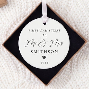 Personalised First Christmas Married Bauble | Ceramic Christmas Tree Decoration Gift Ornament | First Christmas Mr & Mrs Keepsake | Heart