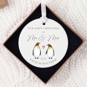 Personalised First Christmas Married Bauble | Ceramic Christmas Tree Decoration Gift Ornament | First Christmas Mr & Mrs Keepsake | Penguins