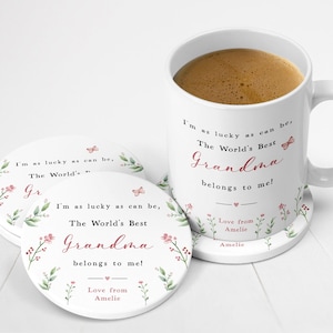 Mothers Day Worlds Best Grandma Mug & Coaster Gift | Personalised Mother's Day Ceramic Gift Set for Best Grandma | Granny | Gran | Meemaw