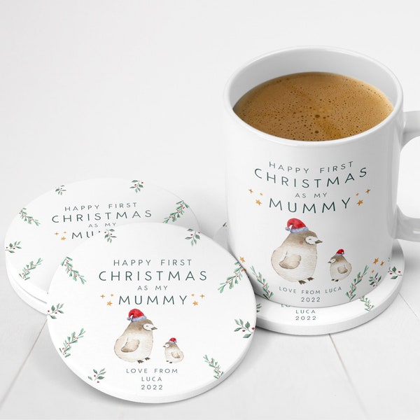 Personalised Happy First Christmas Mug & Coaster Set | New Daddy Mummy Grandad Grandma Nana Gift | First Christmas As My Nana Uncle Auntie