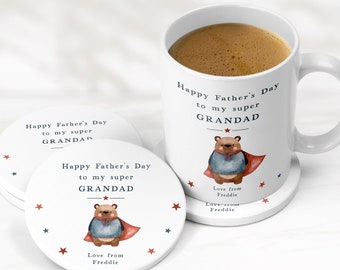 Fathers Day Grandad Gift | Personalised Super Grandad Father's Day Ceramic Mug & Coaster Gift Set for New Grandad | Grandpa | Gramps | Papa